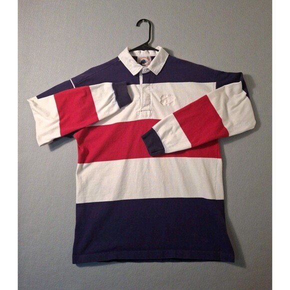 Vintage Boston Traders Polo Shirt Mens  L Striped Long Sleeve 90s Red White Blue - Picture 1 of 8